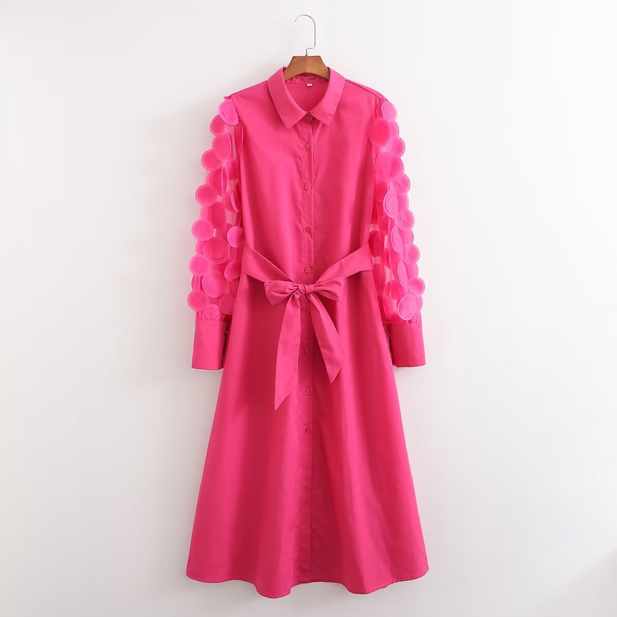 Vestido de primavera para mujer con costuras de manga larga en color rojo rosa