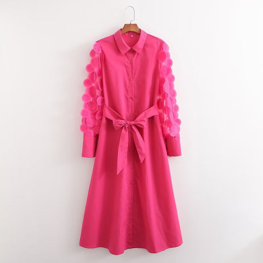 Vestido de primavera para mujer con costuras de manga larga en color rojo rosa
