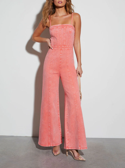 Mono de verano para mujer · Pantalones de corte acampanado ajustados con tirantes de algodón lavado denim