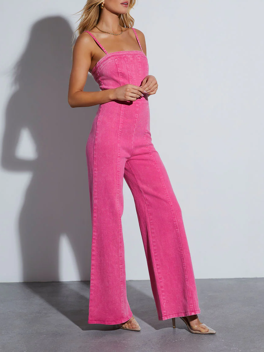 Mono de verano para mujer · Pantalones de corte acampanado ajustados con tirantes de algodón lavado denim