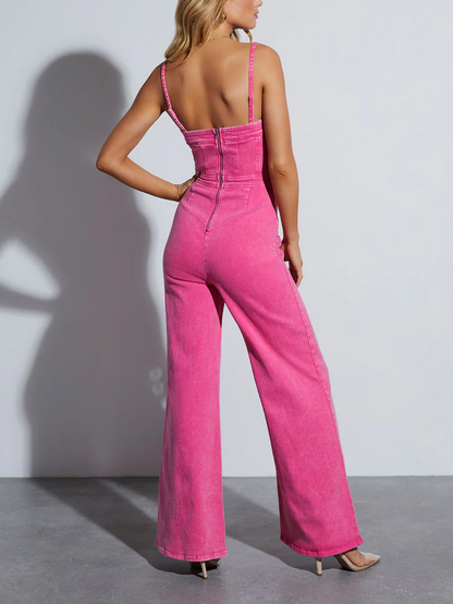 Mono de verano para mujer · Pantalones de corte acampanado ajustados con tirantes de algodón lavado denim