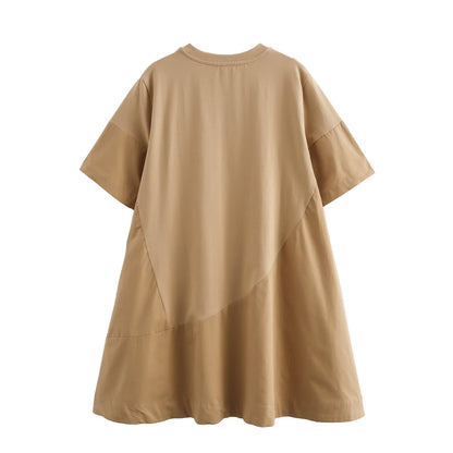 Vestido estilo camiseta de verano de algodón con cuello redondo y corte A, versión informal