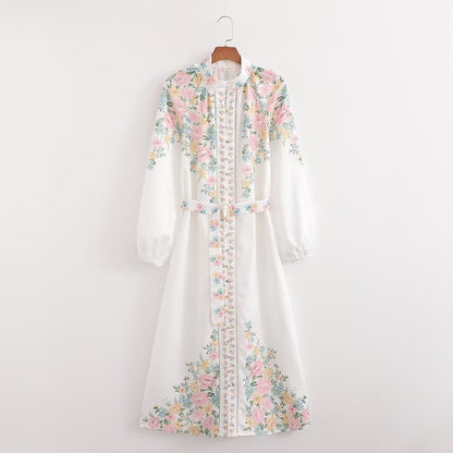 Vestido de verano para mujer con cinturón informal, costura de encaje decorativa y estampado de posicionamiento