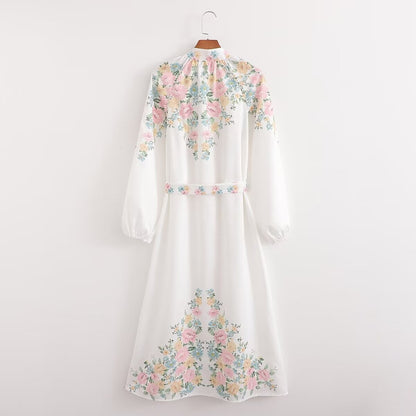 Vestido de verano para mujer con cinturón informal, costura de encaje decorativa y estampado de posicionamiento