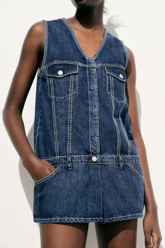 Mono de mezclilla lavado informal holgado para mujer, ropa de primavera y verano, vestido corto