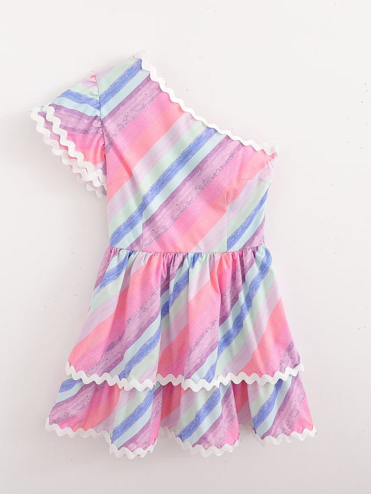 Summer Ribbon Patchwork Stripes Shoulder Tiered Dress