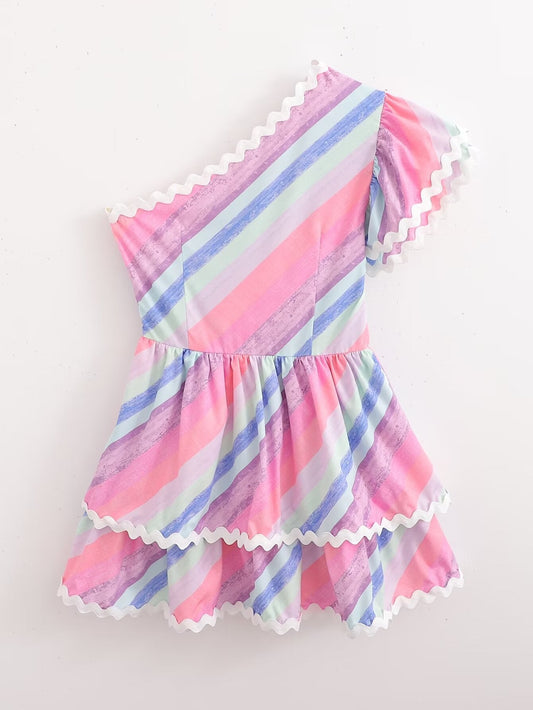 Summer Ribbon Patchwork Stripes Shoulder Tiered Dress