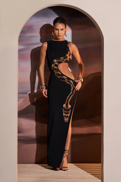 Vestido largo con aberturas y estampado de serpiente Yetta 