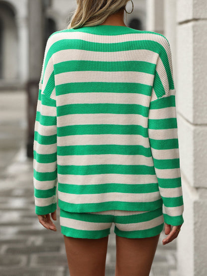 Conjunto de suéter informal de cuello redondo con rayas de retazos para mujer de otoño e invierno