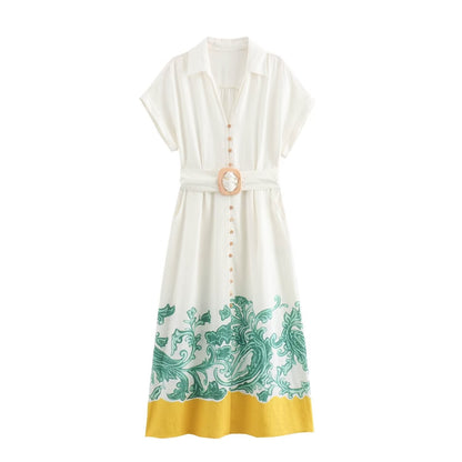 Vestido camisero estampado de lino y algodón para mujer de verano