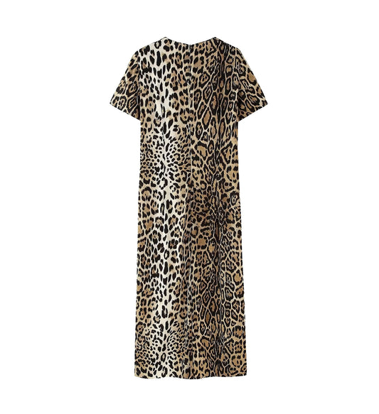 Women Clothing Summer Casual Animal Print Short Sleeve Mid Length Dress Women