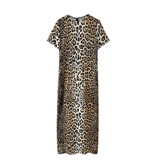 Women Clothing Summer Casual Animal Print Short Sleeve Mid Length Dress Women
