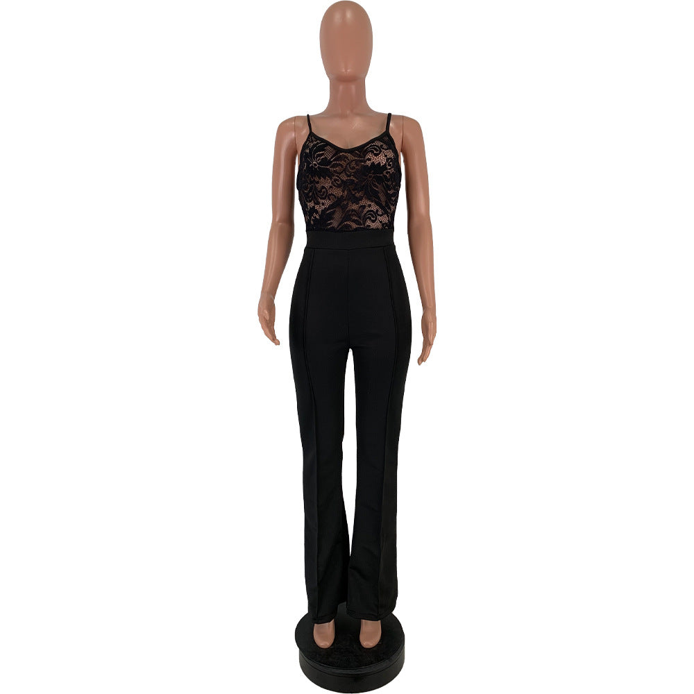 Mono sexy de encaje transparente con tirantes para mujer