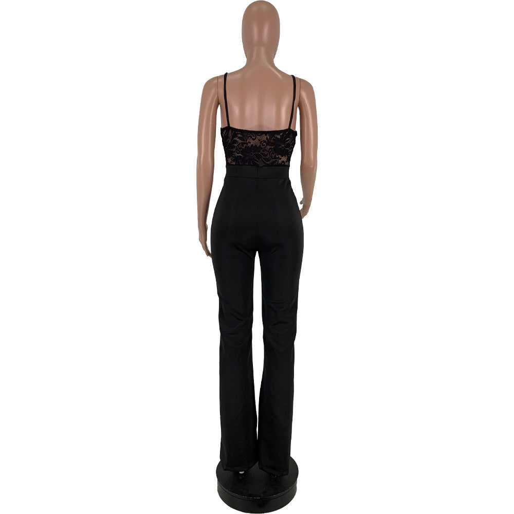 Mono sexy de encaje transparente con tirantes para mujer