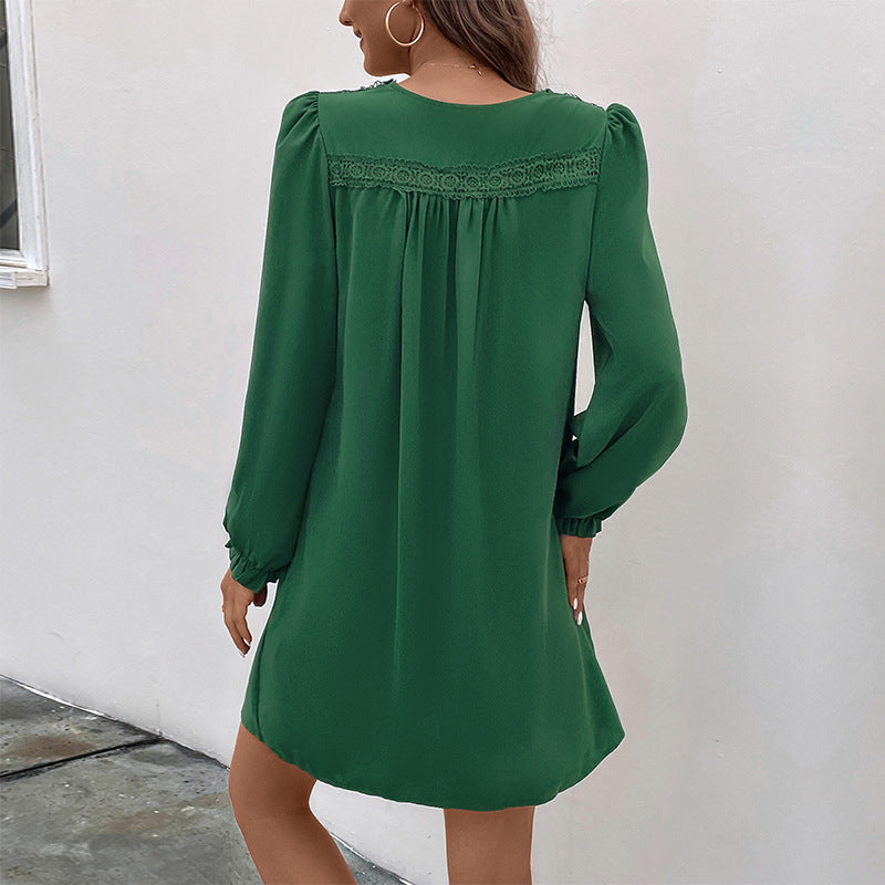 Vestido de patchwork de otoño para mujer, ropa de mujer, cuello en V, plisado, manga larga.
