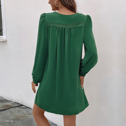 Vestido de patchwork de otoño para mujer, ropa de mujer, cuello en V, plisado, manga larga.