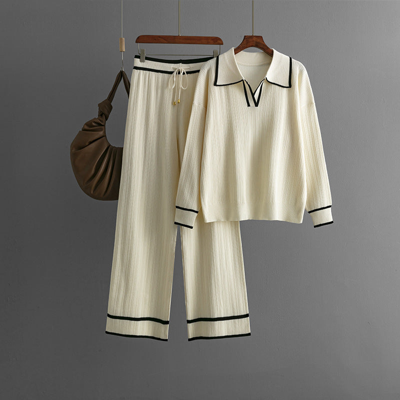 Conjunto informal de dos piezas de punto adelgazante con cintura alta y cuello polo de color contrastante para otoño e invierno