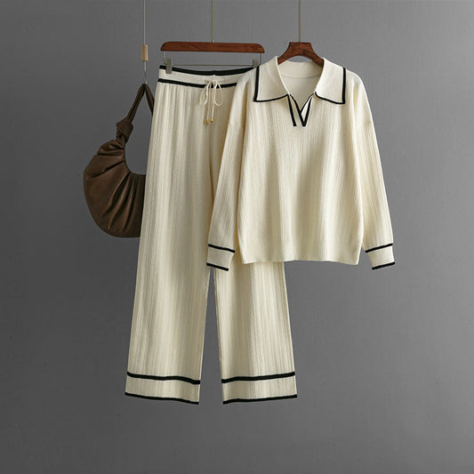 Conjunto informal de dos piezas de punto adelgazante con cintura alta y cuello polo de color contrastante para otoño e invierno