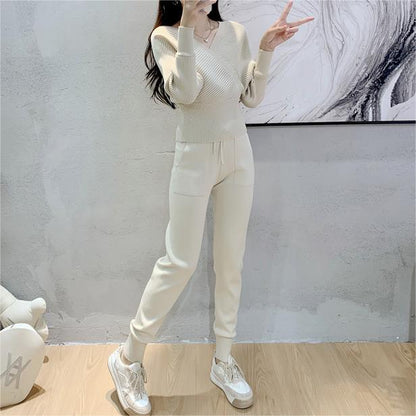 Conjunto elegante de dos piezas para mujer, de estilo socialité, con hombros descubiertos, suéter corto y sexy, pantalones casuales con lazo en el tobillo y pantalones de otoño