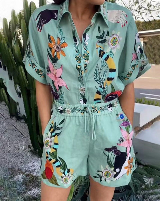 Traje casual de dos piezas, camisa estampada de lino y algodón, pantalones cortos, artesanía amplificada