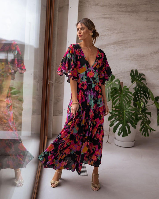 Vestido informal de primavera y verano con escote en V, holgado, sin espalda, con vuelo grande para mujer