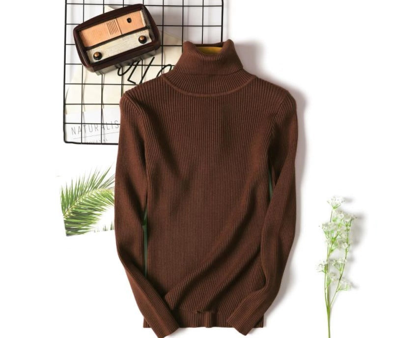 Suéter de cuello alto para mujer, camisa de manga larga ajustada, adelgazante, de color sólido, de punto fresco coreano para mujer