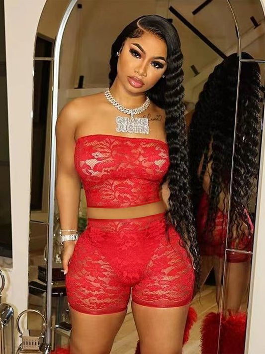 Conjunto de dos piezas formado por top y pantalones cortos de encaje semitransparente y sexy para mujer