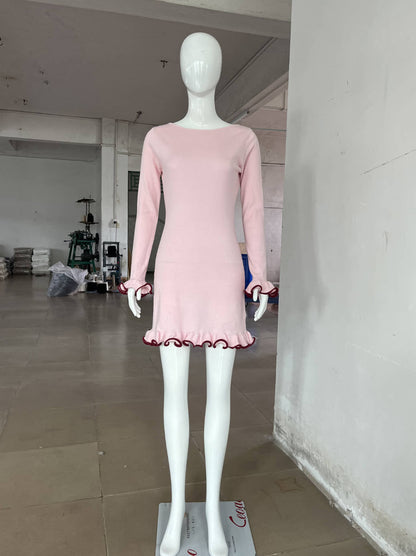 Vestido sexy con borde ondulado, ajustado, de punto con orejas de madera y mangas largas, para otoño e invierno.