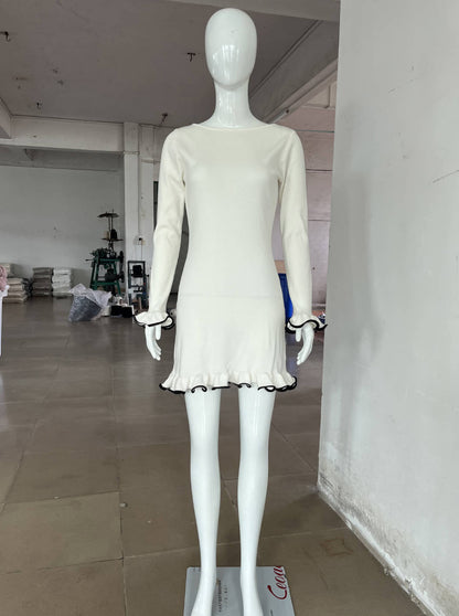 Vestido sexy con borde ondulado, ajustado, de punto con orejas de madera y mangas largas, para otoño e invierno.