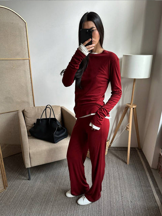 Autumn Winter Soft Modal Women Casual Top Wide Leg Pants Christmas Red Two Piece Set
