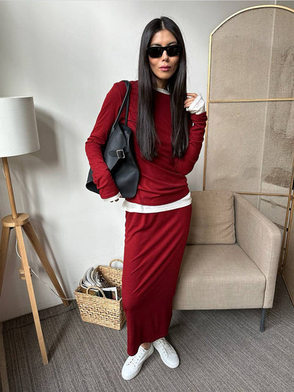 Conjunto de dos piezas de otoño e invierno para mujer, de modal suave, informal, con pantalones de pierna ancha y estampado navideño en rojo.