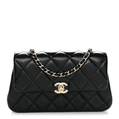 Lambskin Quilted Rectangular Phone Holder Clutch With Chain Black