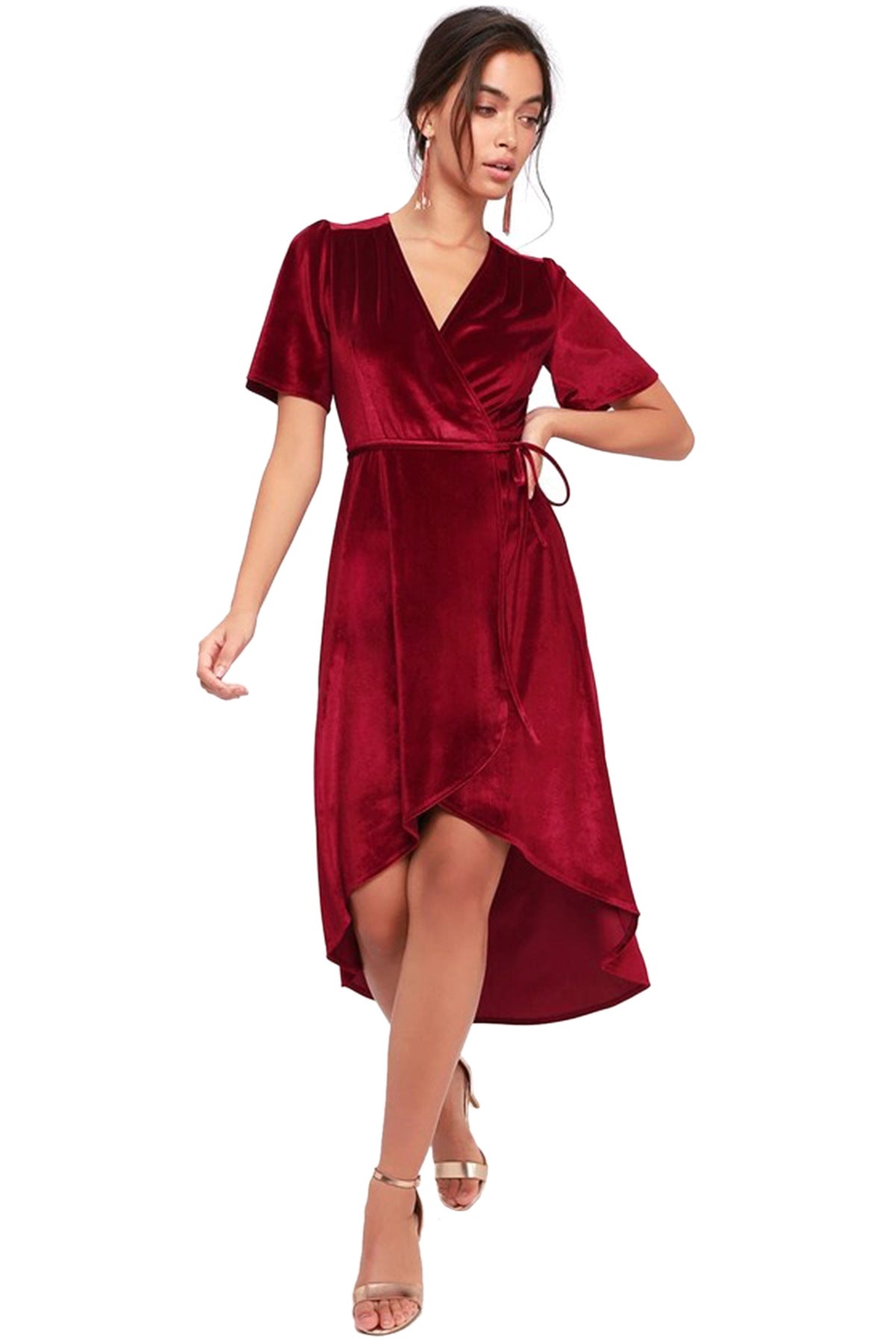 Ropa de mujer Vestido con cuello en V Cárdigan de terciopelo Vestido asimétrico irregular con cordones