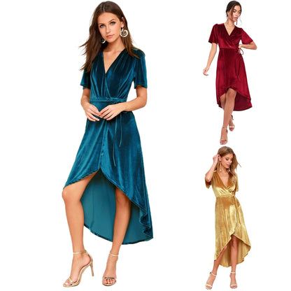 Ropa de mujer Vestido con cuello en V Cárdigan de terciopelo Vestido asimétrico irregular con cordones