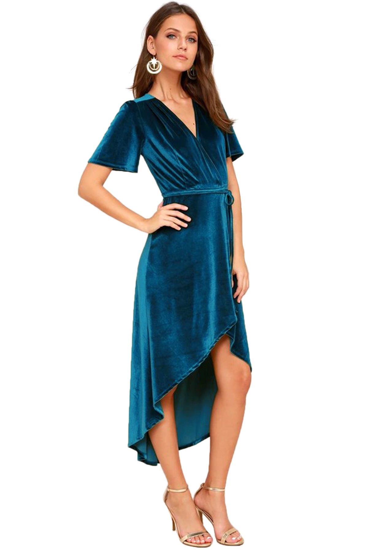 Ropa de mujer Vestido con cuello en V Cárdigan de terciopelo Vestido asimétrico irregular con cordones