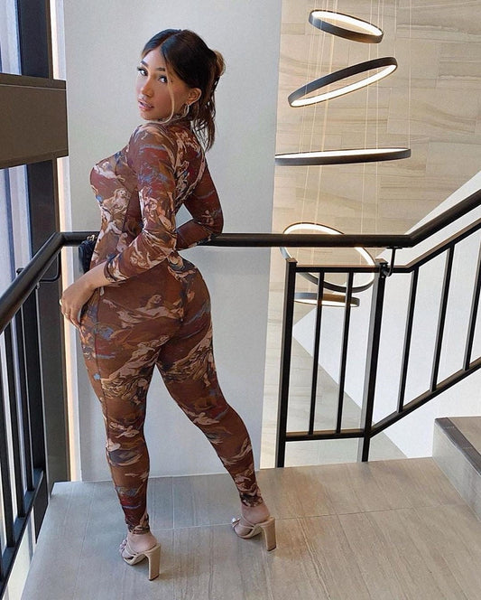 Sexy Printed Tight Jumpsuit Hip High Elastic Mesh Casual Pants