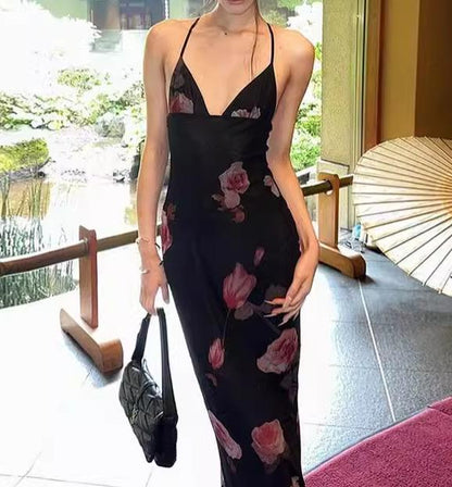 Vestido de verano para mujer, sexy, con escote en V, espalda descubierta, estampado personalizado y elegante, con cuello halter y cordones