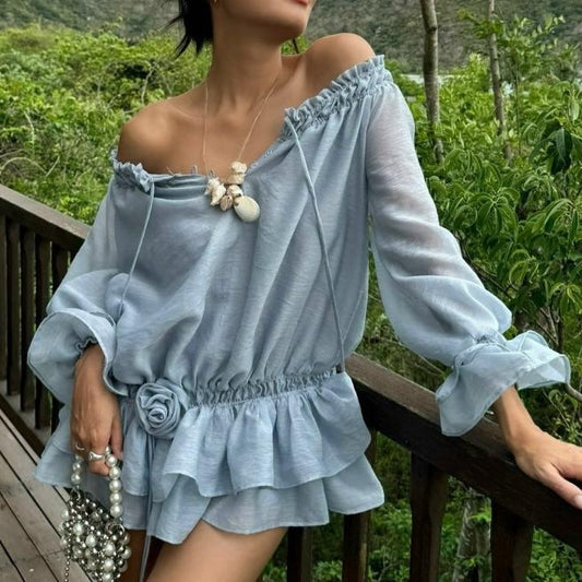 Vestido de otoño sexy de gasa con volantes, escote descubierto y corte ajustado, mangas largas con control de cintura