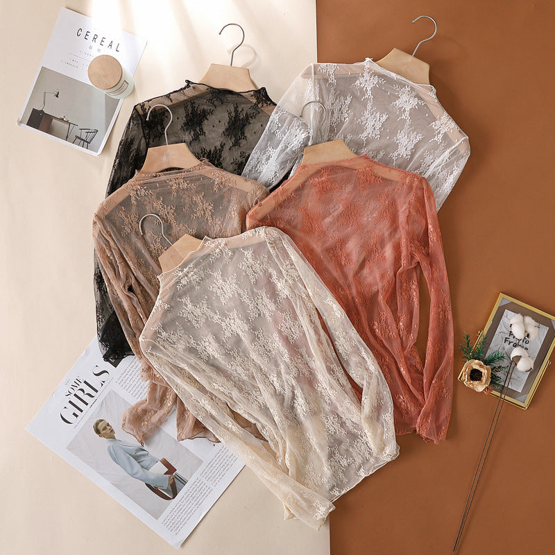 Camisa de encaje de alta gama para mujer, top de malla de manga larga ajustado popular, ropa interior sexy, camisa pequeña de primavera y otoño