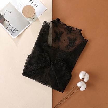 Camisa de encaje de alta gama para mujer, top de malla de manga larga ajustado popular, ropa interior sexy, camisa pequeña de primavera y otoño