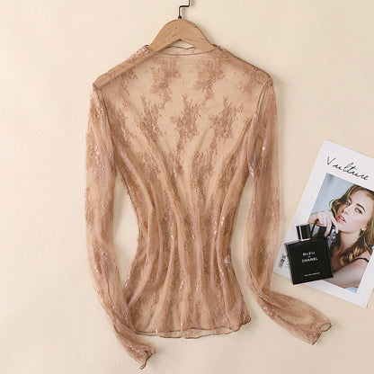 Autumn Winter Lace Bottoming Shirt Women Long Sleeve Half High Collar Inner Match Hollow Out Cutout Out Chiffon Western Sexy Mesh Top