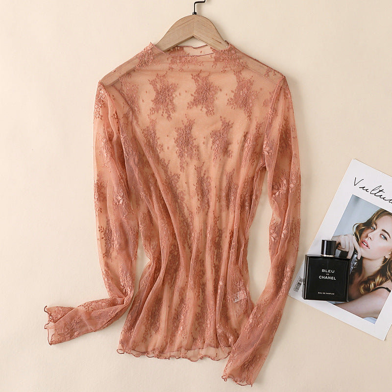 Autumn Winter Lace Bottoming Shirt Women Long Sleeve Half High Collar Inner Match Hollow Out Cutout Out Chiffon Western Sexy Mesh Top