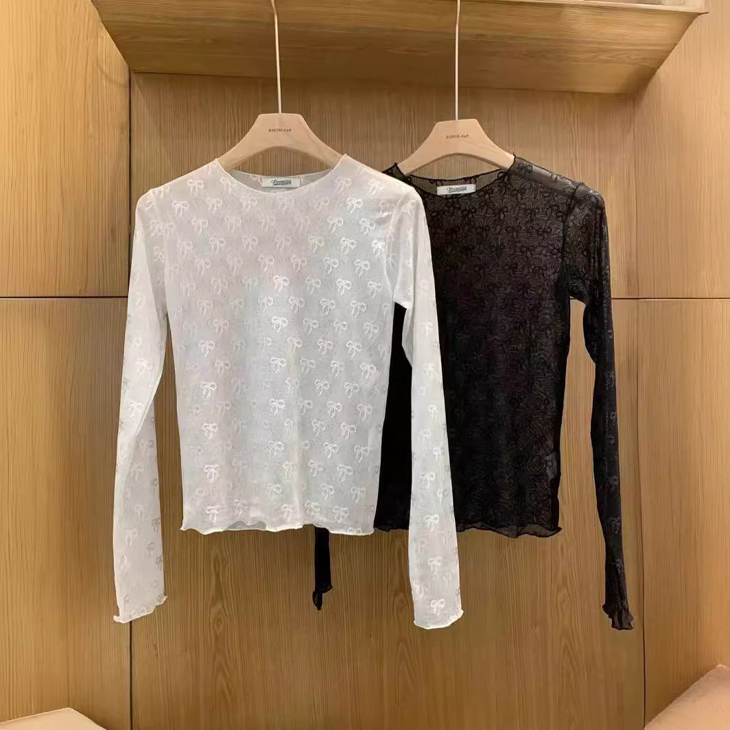 Camiseta de manga larga con lazo japonés, de malla elástica, para primavera y verano