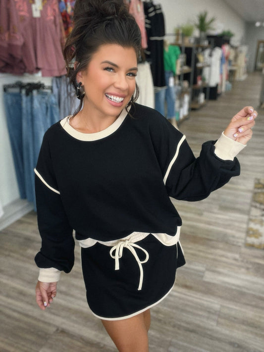 Traje de otoño para mujer, suéter holgado de algodón multicolor, falda de imitación y pantalones cortos.