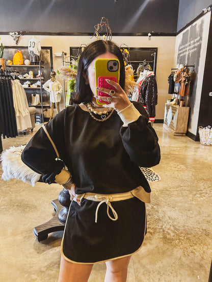 Traje de otoño para mujer, suéter holgado de algodón multicolor, falda de imitación y pantalones cortos.