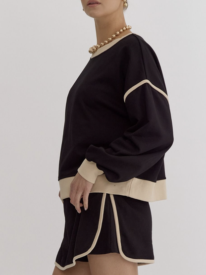 Traje de otoño para mujer, suéter holgado de algodón multicolor, falda de imitación y pantalones cortos.