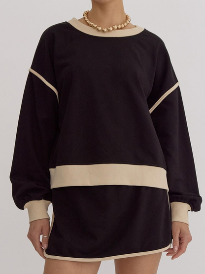 Traje de otoño para mujer, suéter holgado de algodón multicolor, falda de imitación y pantalones cortos.
