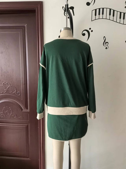 Traje de otoño para mujer, suéter holgado de algodón multicolor, falda de imitación y pantalones cortos.