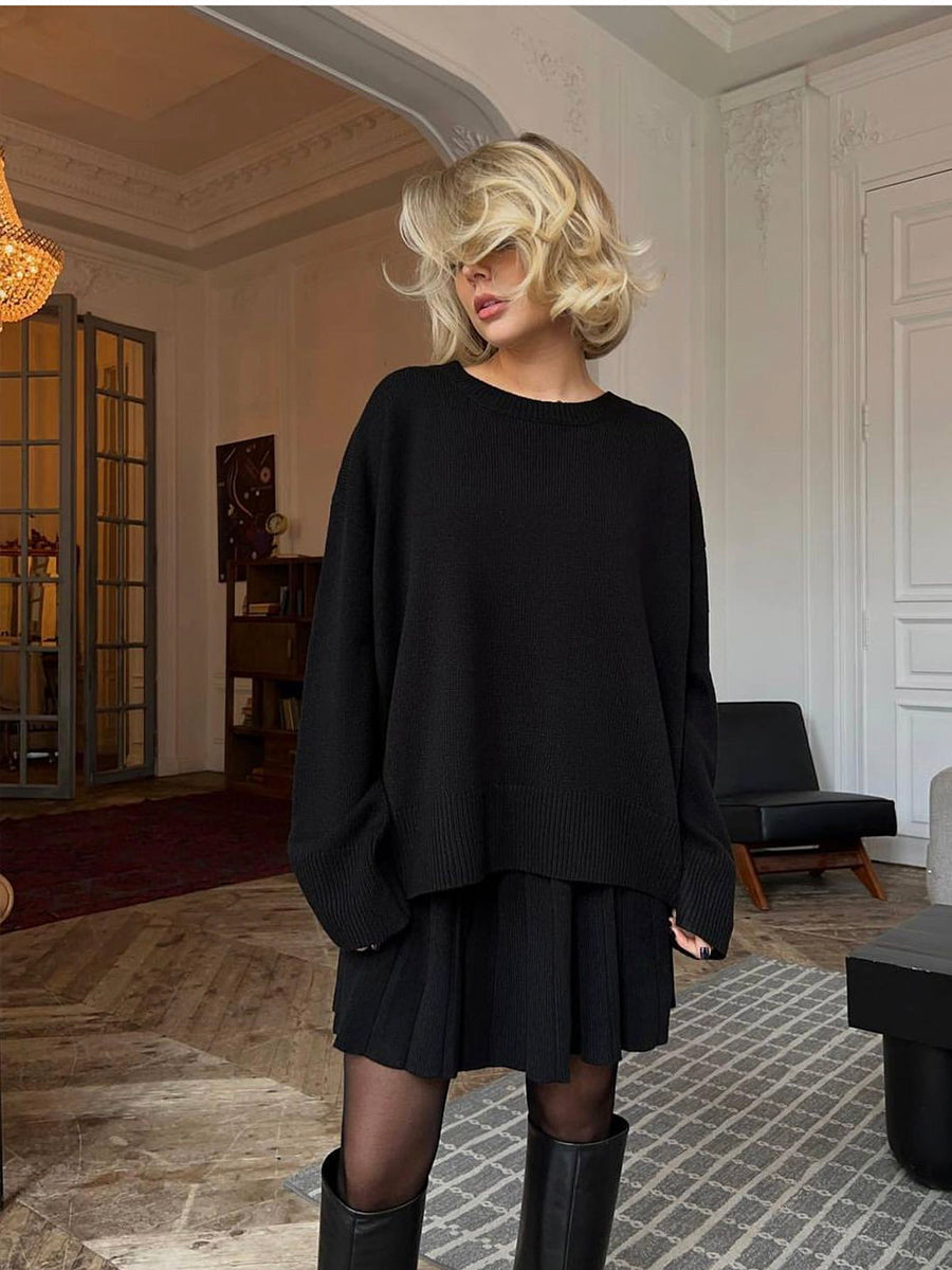 Conjunto de suéter y falda plisada de cuello redondo de color liso para mujer, conjuntos de falda de punto