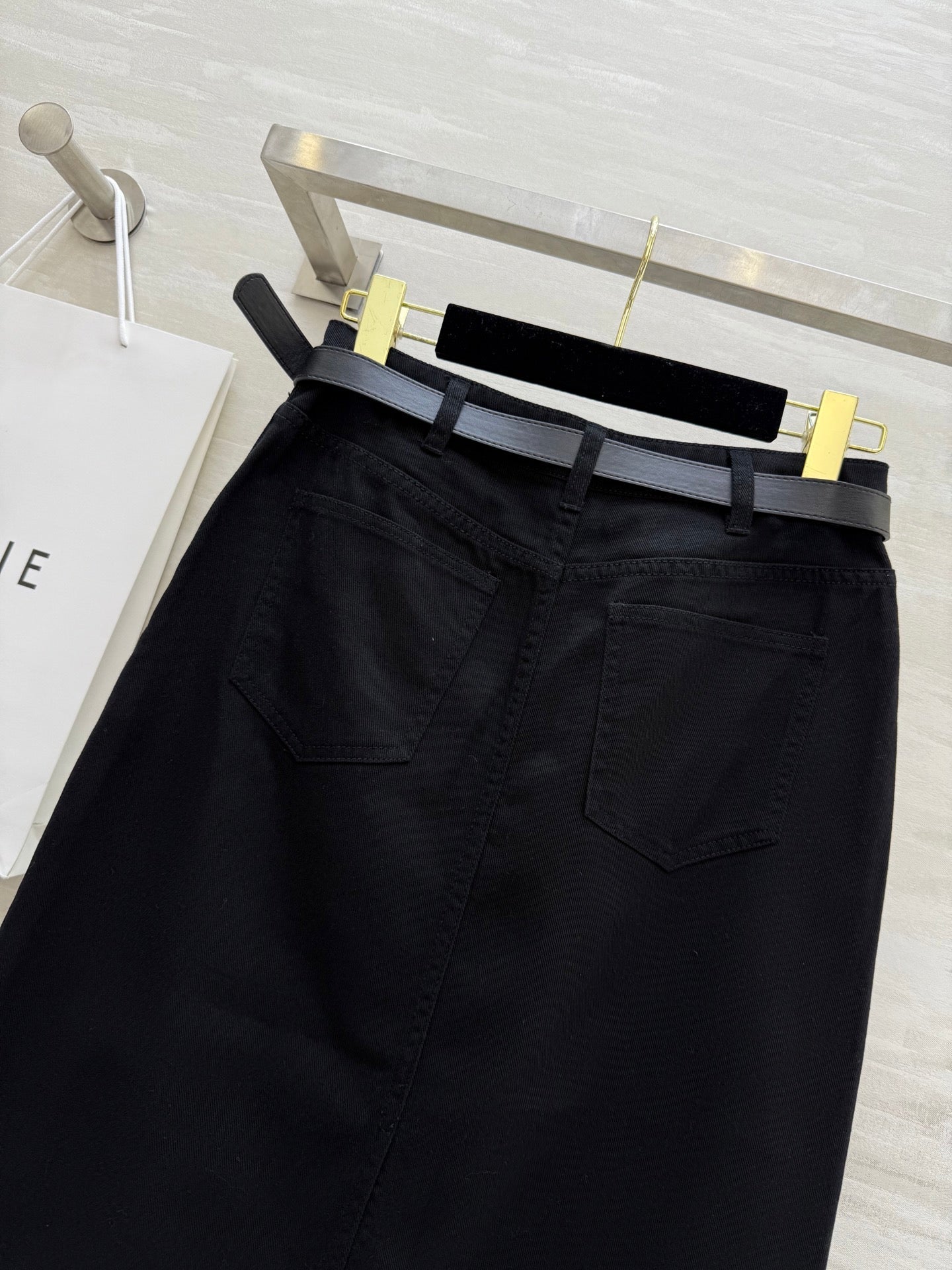 Celine 25 Denim Skirt with Logo Belt Black Cotton
